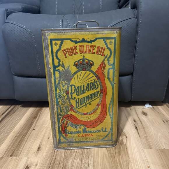 Antique 5 Gallon Spanish Olive Oil Tin Pallares Herman is Litho Can 1920s
